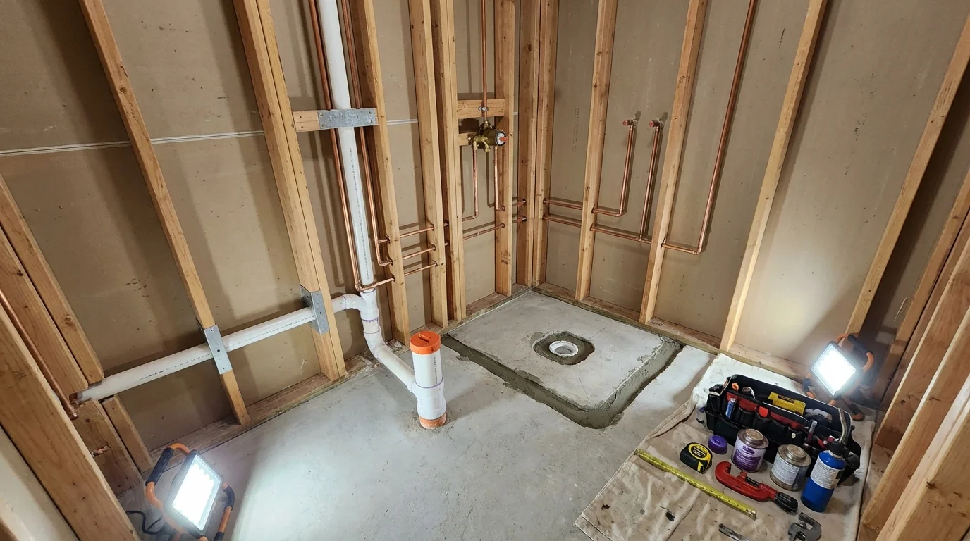 Bathroom rough-in plumbing during remodel by Johns Plumbing LLC in Anaheim