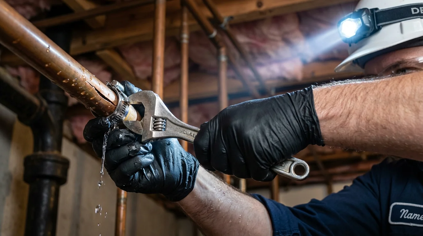 Emergency pipe clamp repair being performed by a Johns Plumbing LLC plumber in Anaheim