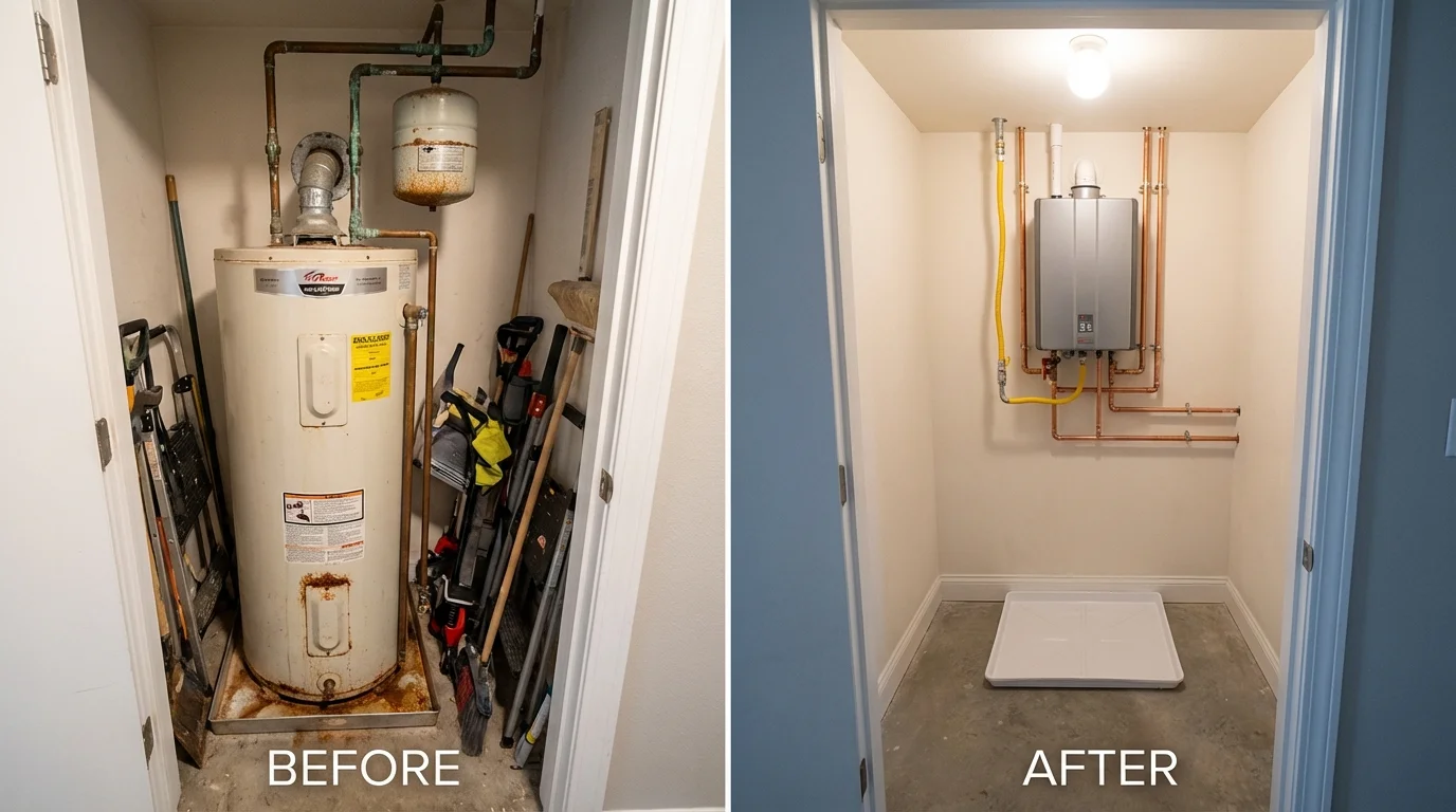 Tank water heater versus wall-mounted tankless unit comparison for Anaheim, CA homeowners