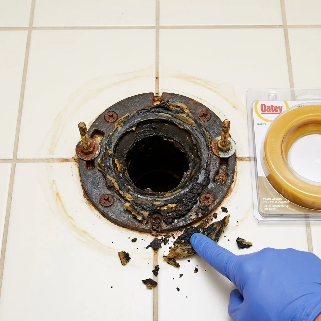 Failed wax ring showing water seepage at the base of a toilet in a Anaheim, CA home