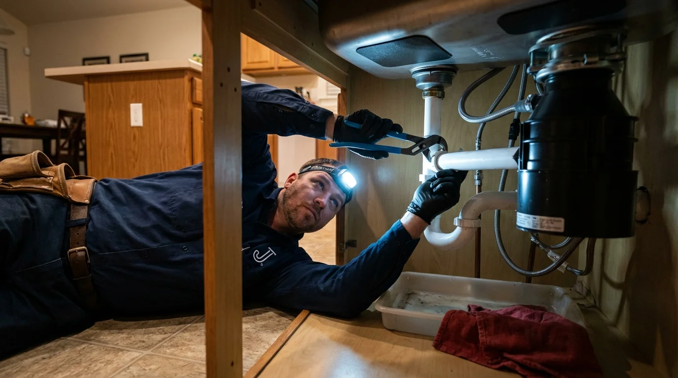 P-trap and supply line connections under a kitchen sink showing a common leak point in Anaheim, CA